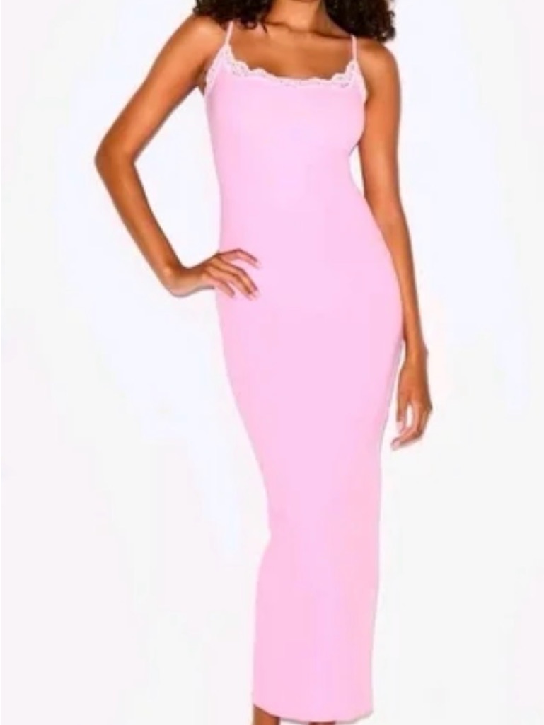 Skims Pink Lace-Trim Slip Maxi Dress Nwot
